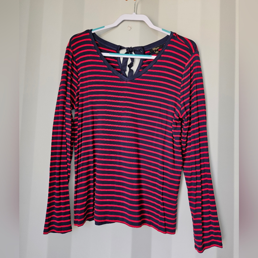 Cupio Navy and Red Striped V-Neck Long Sleeve Top
